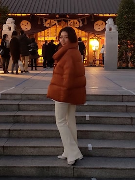 「UNE MANSION（ユヌマンション）のハイウエストベロアリブフレアパンツ（その他パンツ、ホワイト系）」を使った、perkyroom_maiko.808さん（レディース・157cm）の冬コーディネート