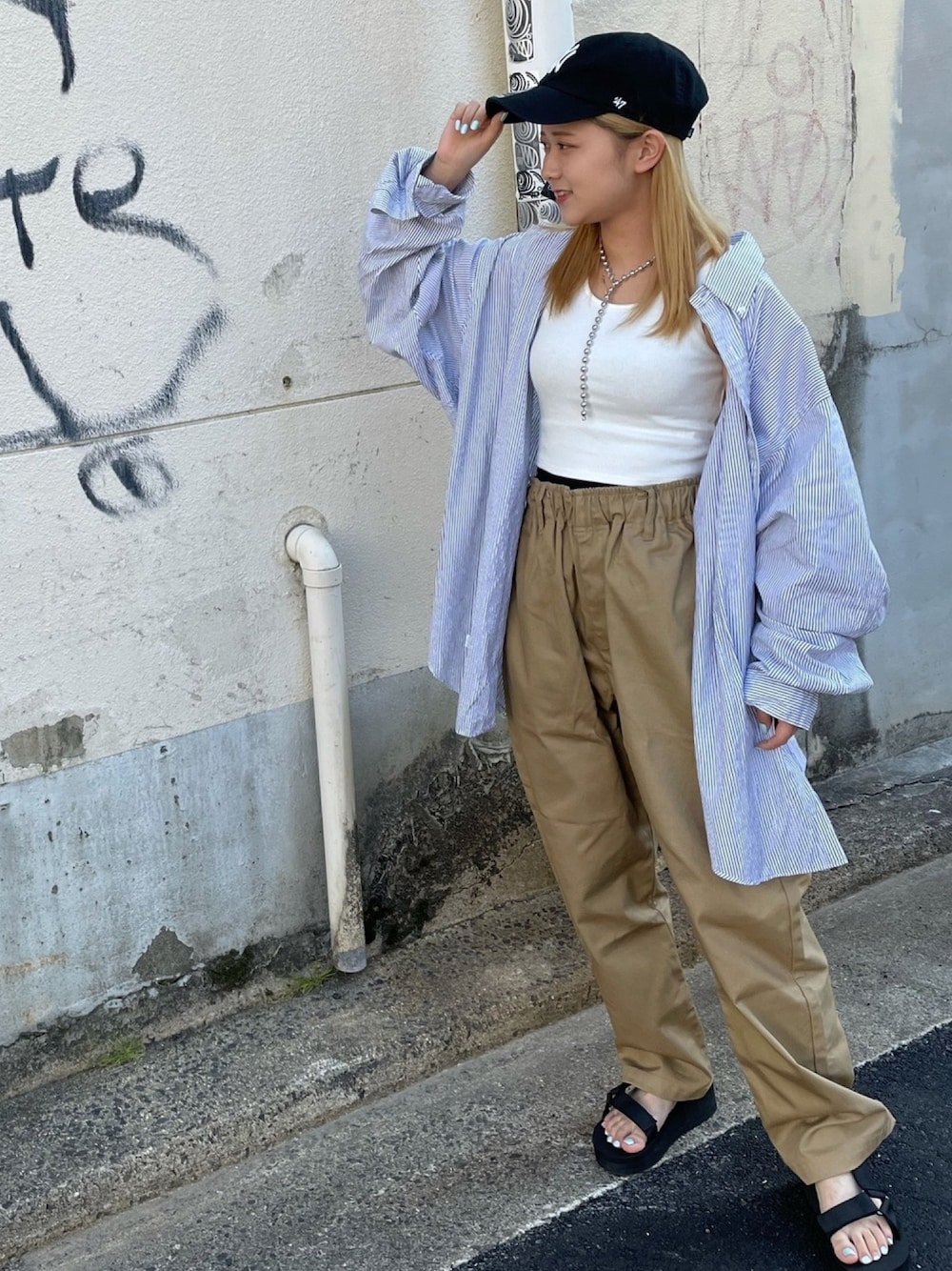 「カジュアルコーデ、ストリート、Polo Ralph Lauren、レイヤードスタイル、プチプラ、メンズライク、カジュアル、トレンド、夏コーデ、キャップ」｜「POLO RALPH LAURENのアイテム（シャツ/ブラウス、ブルー系）」を使った、まうさん（レディース・154cm）の夏コーディネートの1枚目の写真