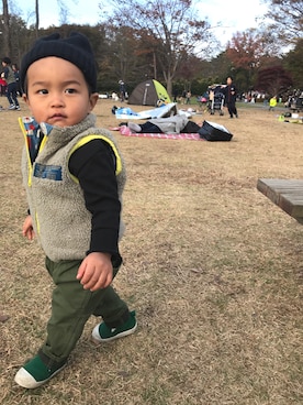 「アイテム（ダウンベスト、その他）」を使った、ruuuukunさん（キッズ・70cm）の秋コーディネート