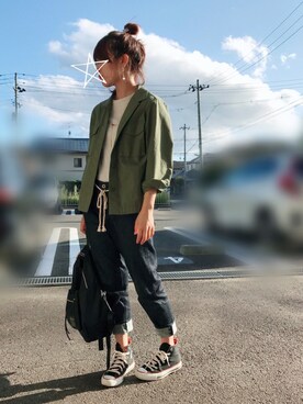 「UNIQLO（ユニクロ）のスーピマコットンリブクルーネックT（半袖）（Tシャツ/カットソー）」を使った、aiさん（レディース・159cm）の秋コーディネート