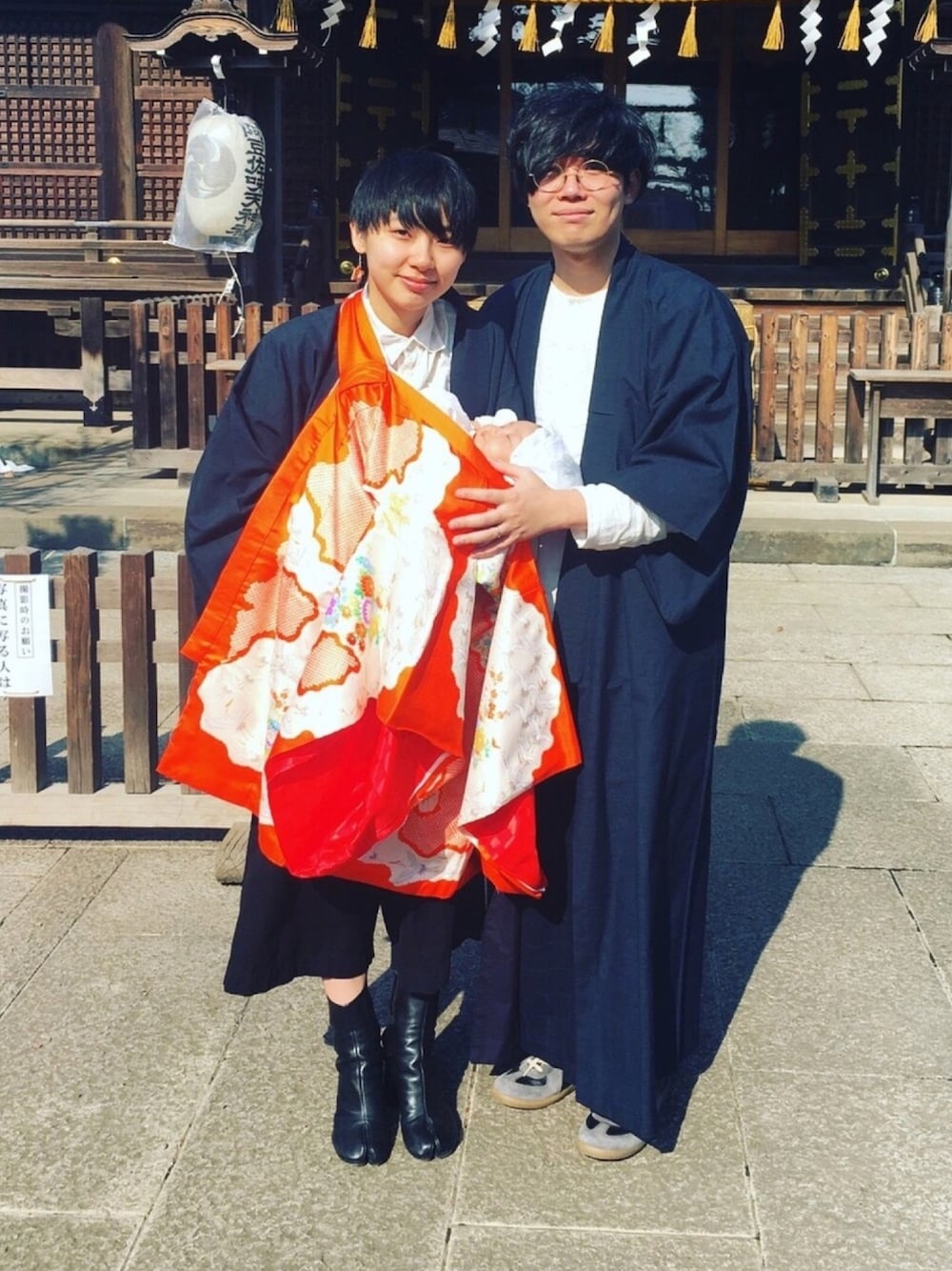 「お宮参り、和服、和服MIX、SASQUATCHfabrix、nest robe、２ヶ月、足袋ブーツ、ジャーマントレーナー」｜「Maison Margielaの足袋ブーツ（ブーツ、ブラック系）」を使った、3achiel /さん（メンズ・172cm）の春コーディネートの1枚目の写真