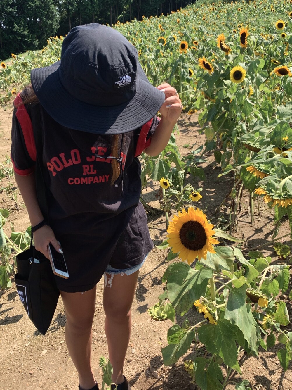 ブラック系のTシャツ/カットソー、ブラック系のショルダーバッグ、ブラック系のハットを着用したレディースの秋コーディネートの1枚目の写真