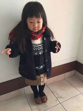 「タータンチェックのマフラー」｜みゅーなさん（キッズ・100cm）の冬コーディネート