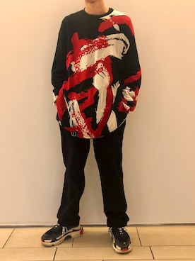 「Yohji Yamamoto（ヨウジヤマモト）のアイテム（ニット/セーター）」を使った、Atsu-miさん（メンズ・175cm）の冬コーディネート