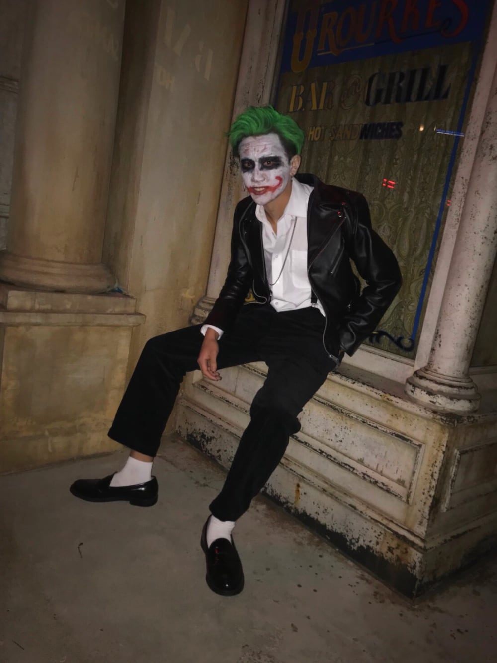 「ハロウィン、仮装、ジョーカー、秋コーデ、おしゃれさんと繋がりたい、ブラック、革靴」｜「417 EDIFICEの◇シンセティックレザー Wライダースブルゾン（ライダースジャケット、ブラック系）」を使った、ケンタマさん（メンズ・177cm）の秋コーディネートの1枚目の写真