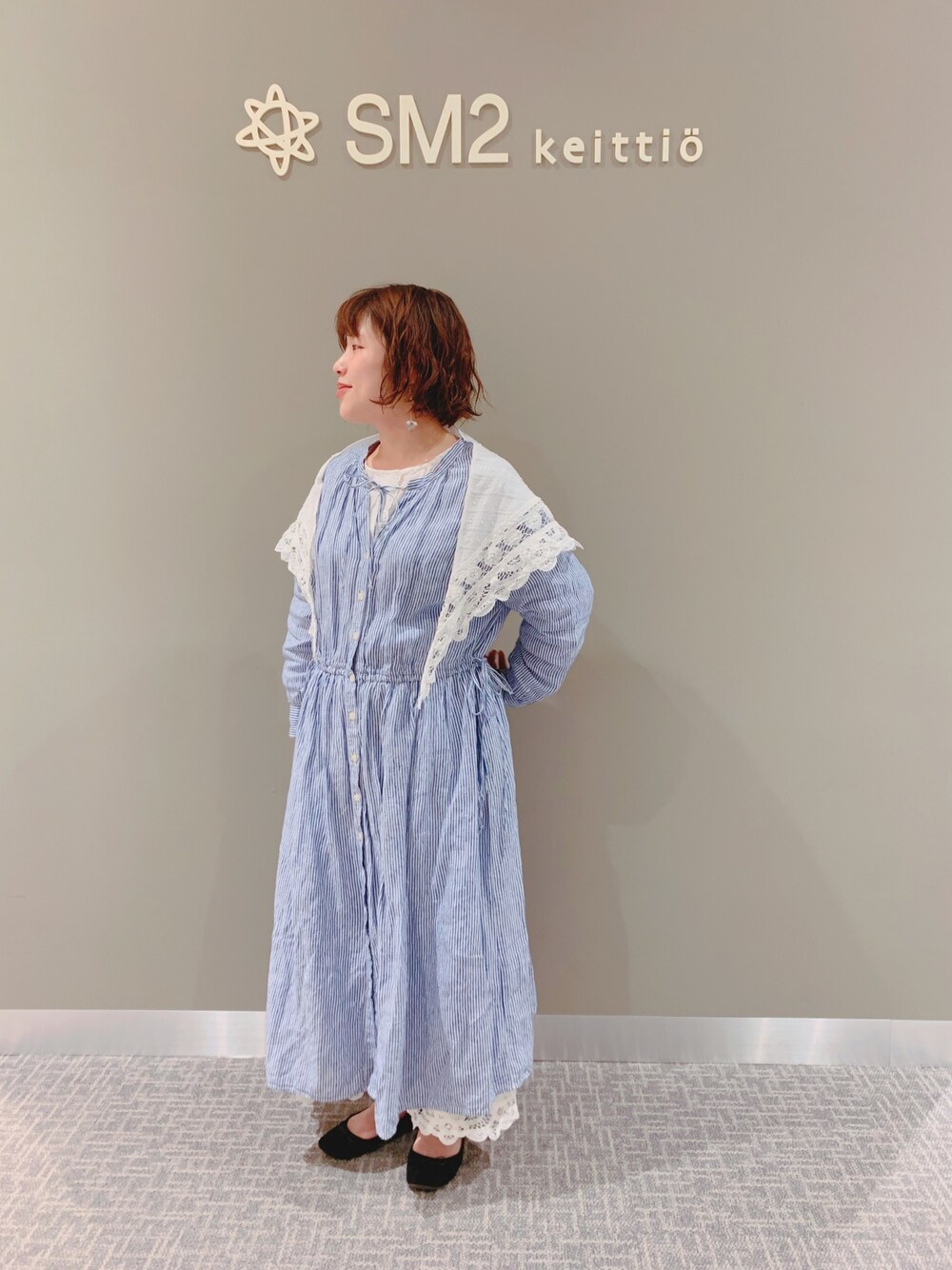 「リネン、リネンワンピース、リトアニアリネン、レースパンツ、ナチュラル、ナチュラルガーリー、春コーデ、SM2、Samansa Mos2」｜「Samansa Mos2のリトアニアリネン前後着ワンピース（ワンピース、ブルー系）」を使った、yukaさん（レディース・153cm）の春コーディネートの1枚目の写真