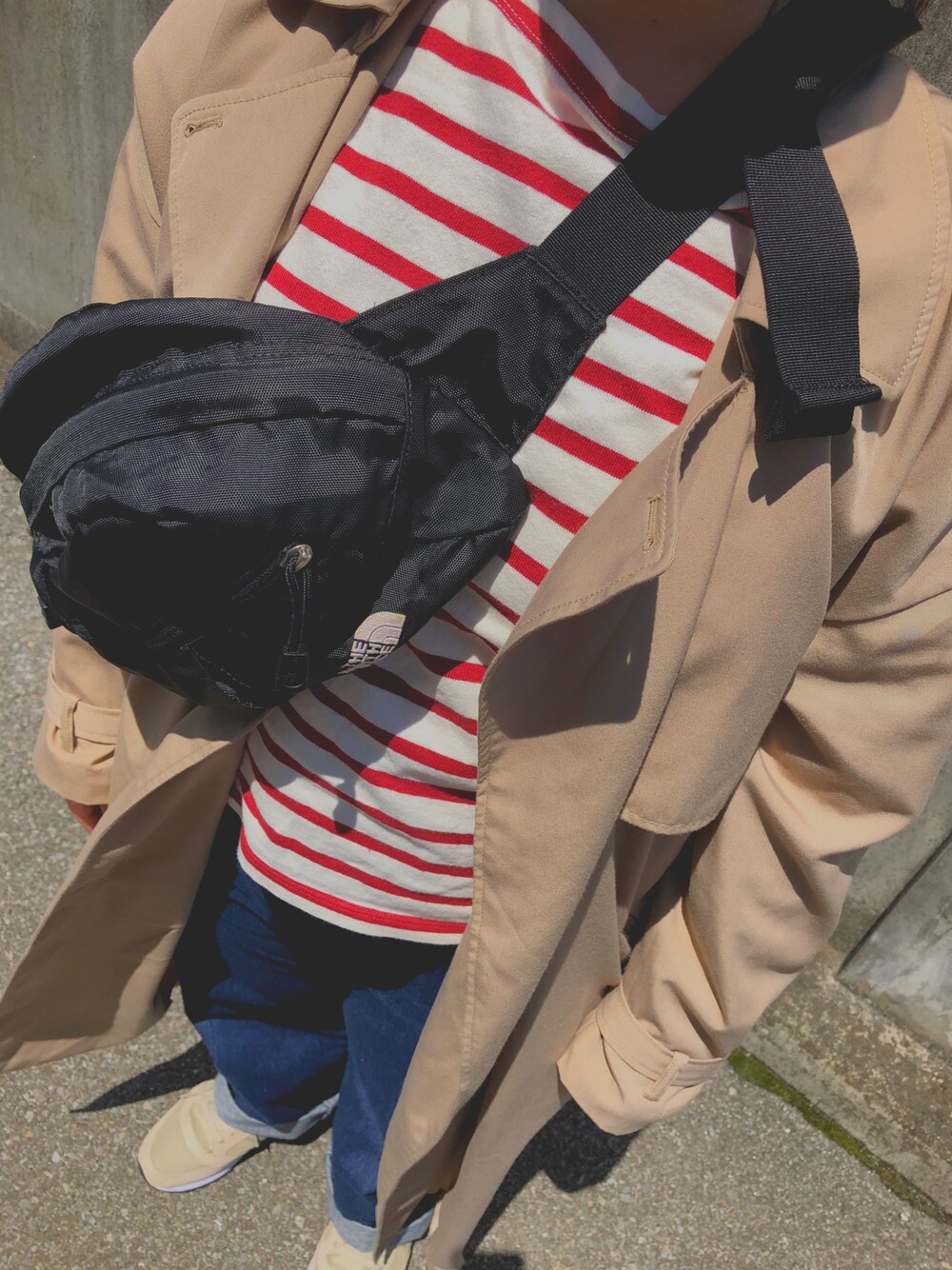 「THE NORTH FACEのアイテム（ボディバッグ/ウエストポーチ、ブラック系）」を使った、aさん（レディース・150cm）の夏コーディネートの1枚目の写真