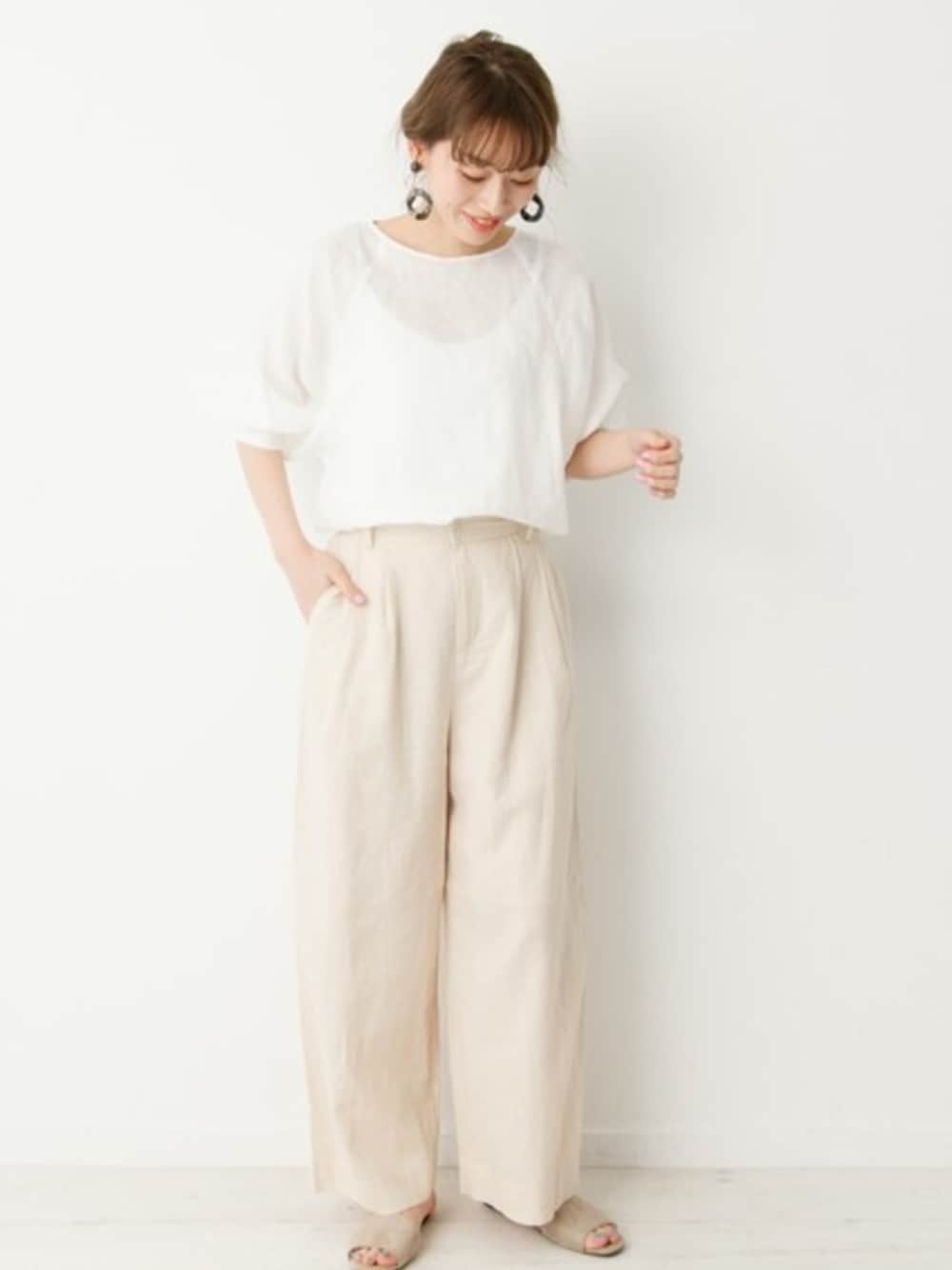 ホワイト系のシャツ/ブラウス、ベージュ系のサンダル、グレー系のピアス(両耳用)を着用したレディースの春コーディネートの1枚目の写真