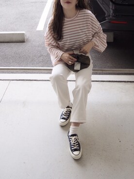 「DHOLIC（ディーホリック）のボーダーボクシーフィットTシャツ（Tシャツ/カットソー）」を使った、o...さん（レディース・157cm）の秋コーディネート