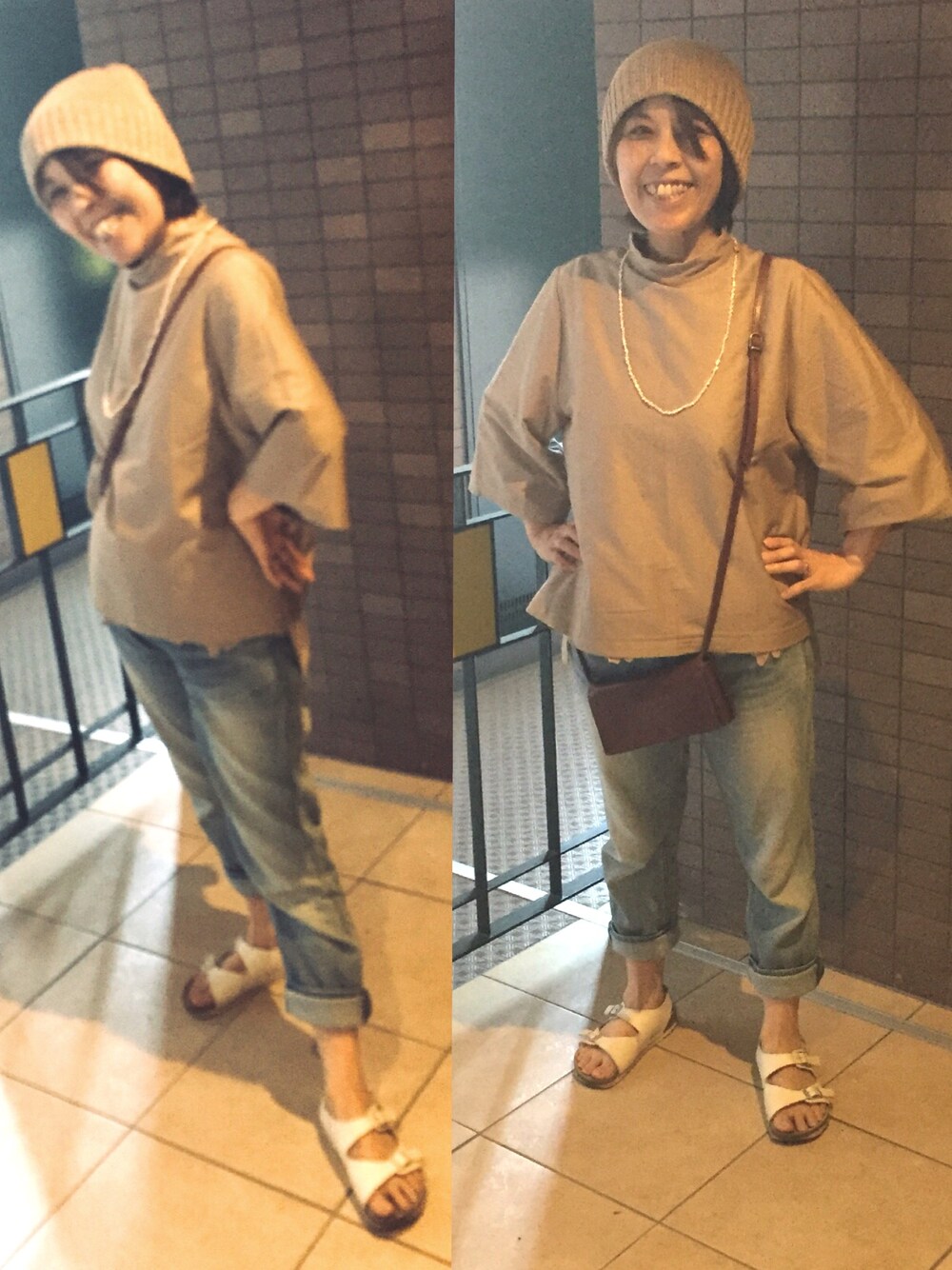 「本日のコーデ、お休みコーデ、ムスメとお散歩🚶‍♀️🚶‍♀️、駒川商店街まで、果物屋さんのミックスジュース飲みながら」｜「CA4LAのアイテム（ニットキャップ/ビーニー、ベージュ系）」を使った、Megumi Hiroeさん（レディース・148cm）の春コーディネートの1枚目の写真