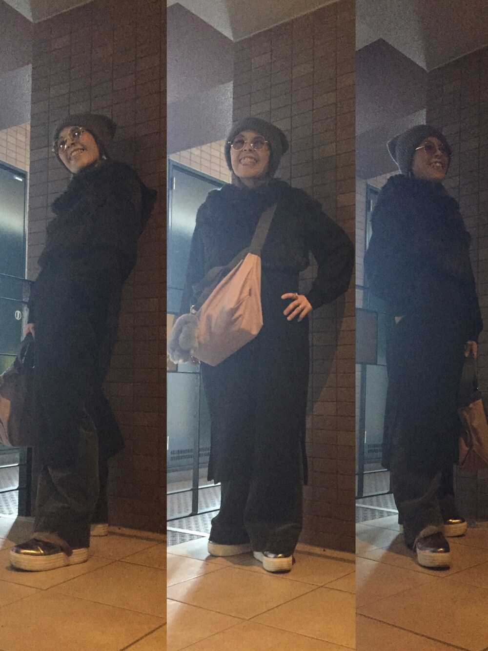 ブラック系のワンピース、ブラック系のTシャツ/カットソー、ピンク系のバッグを着用したレディースの冬コーディネートの1枚目の写真