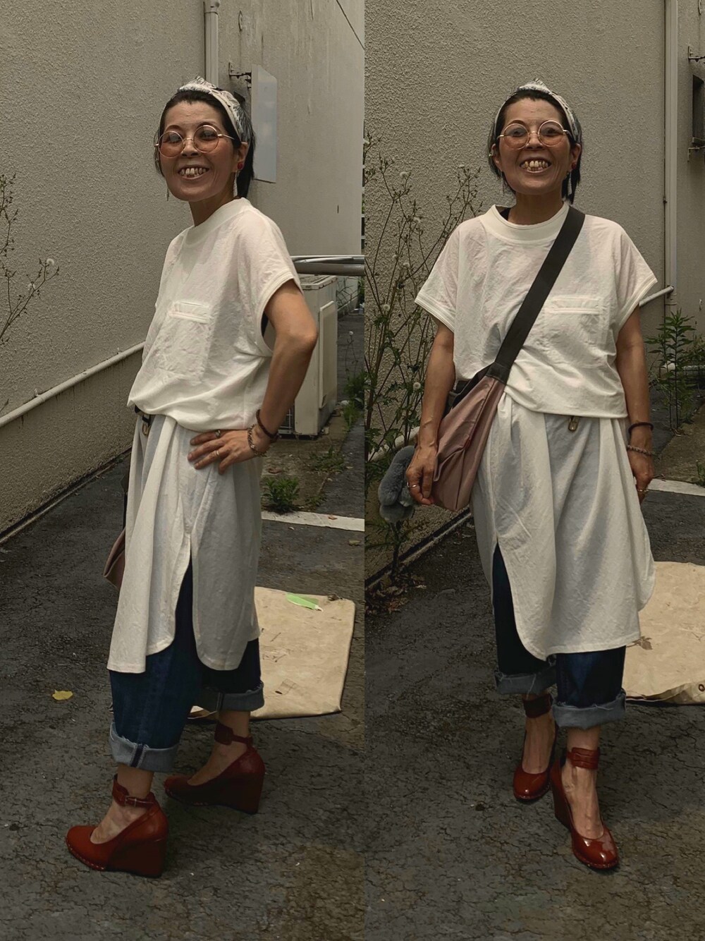 「休日スタイル、シンプルコーデ、オトナカジュアル、ムスメの学園祭へ、お抹茶いただきました🙏🏻、暑かった〜」｜「SWAROVSKIのFit Small ピアス（ピアス（両耳用）、シルバー系）」を使った、Megumi Hiroeさん（レディース・148cm）の春コーディネートの1枚目の写真