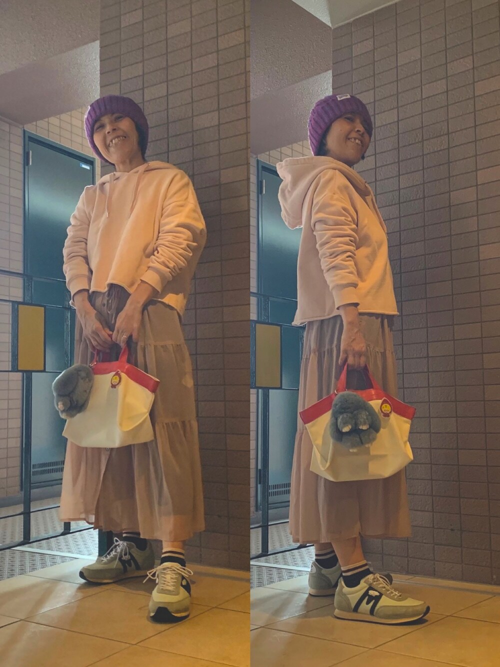 「近所コーデ、ムスメとお出かけ、商店街#ブラブラ、すっぴん」｜「haco!のＰＢＰオーガニックコットン　古着屋さんにありそうなかわいい裏起毛パーカー（パーカー、ピンク系）」を使った、Megumi Hiroeさん（レディース・148cm）の秋コーディネートの1枚目の写真