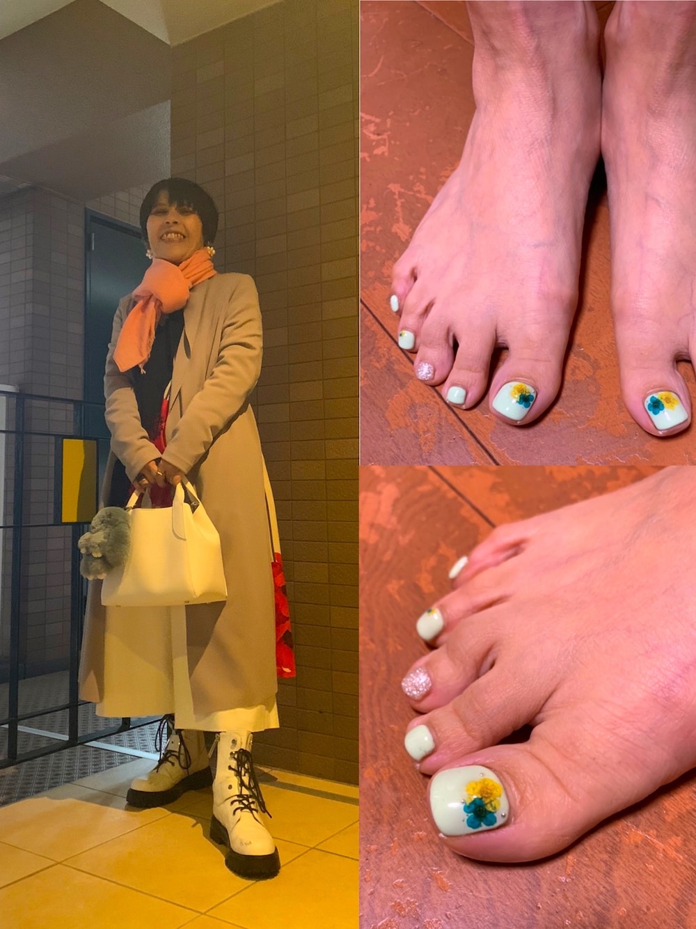 「フットネイル更新、押し花ネイル」｜「ふりふの【姉萌音】ポンチロングカーディガン（カーディガン/ボレロ、グレー系）」を使った、Megumi Hiroeさん（レディース・148cm）の春コーディネートの1枚目の写真