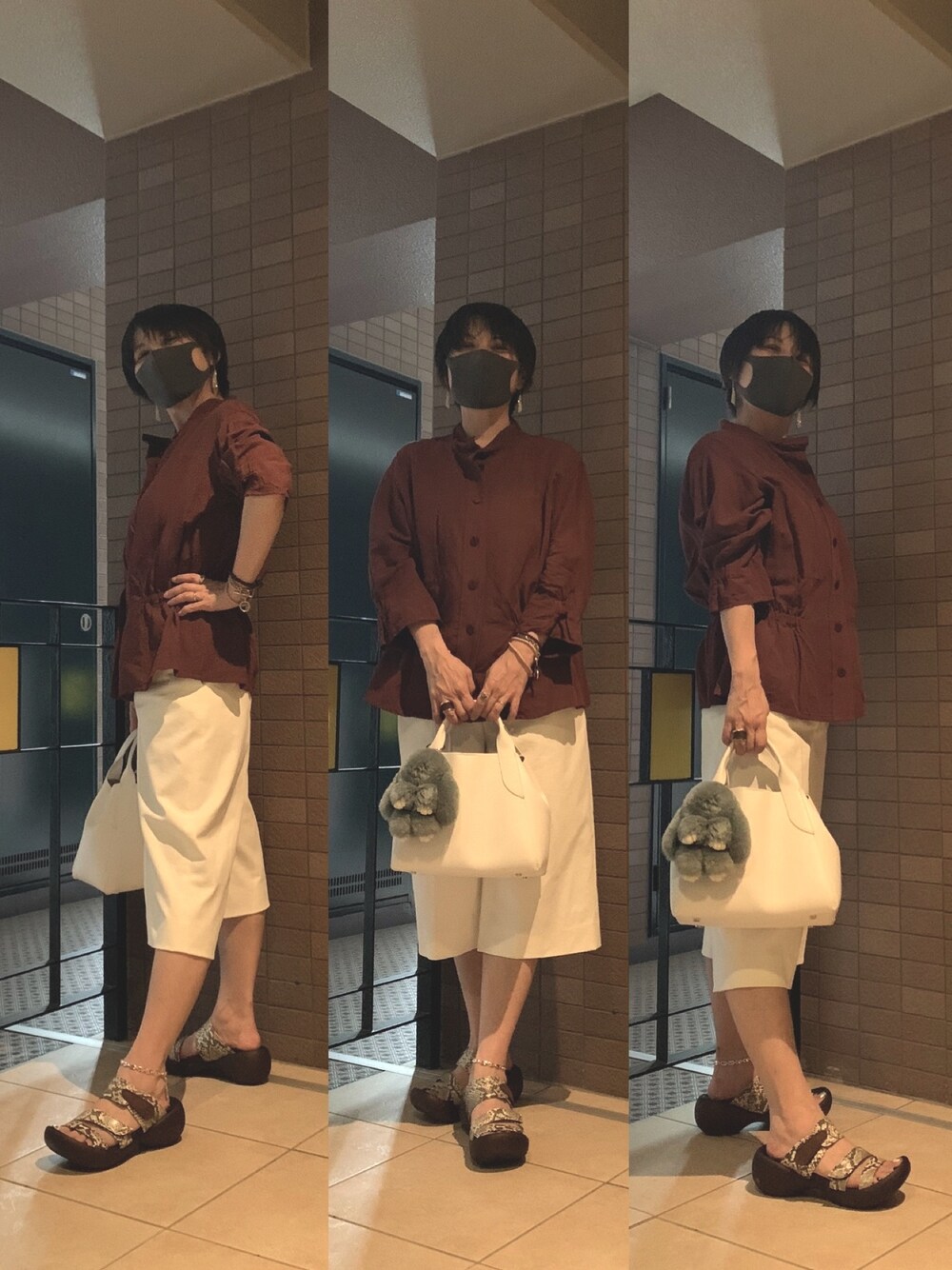 「今日のコーデ、アースカラー、きれいめカジュアル、コレでリハビリ」｜「SWAROVSKIのFit Small ピアス（ピアス（両耳用）、シルバー系）」を使った、Megumi Hiroeさん（レディース・148cm）の春コーディネートの1枚目の写真
