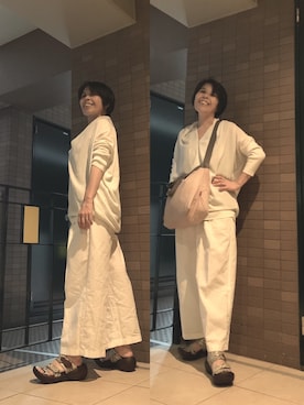「UNIQLO（ユニクロ）のベルテッドリネンコットンワイドストレートパンツ(丈標準66～68cm）（その他パンツ）」を使った、Megumi Hiroeさん（レディース・148cm）の夏コーディネート