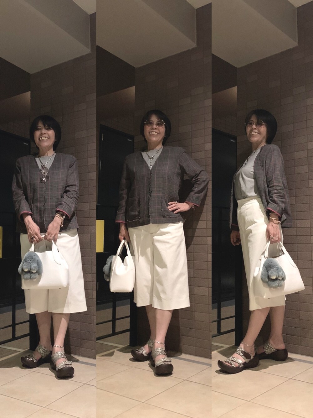 「一昨日のコーデ、家族でお出掛け、神戸へ、お買いものと食事会」｜「RIVE DROITEのカラフルチェックライトジャケット（ノーカラージャケット、グリーン系）」を使った、Megumi Hiroeさん（レディース・148cm）の夏コーディネートの1枚目の写真