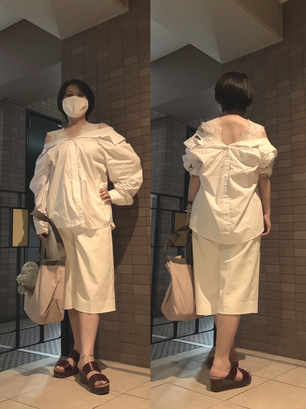「シャツ、低身長コーデ、今日のコーデ、お休みコーデ、ホワイトコーデ」｜「haco!の頑張りすぎずにスタイルアップできる　ウェッジヒールサンダル（サンダル、レッド系）」を使った、Megumi Hiroeさん（レディース・148cm）の夏コーディネートの1枚目の写真