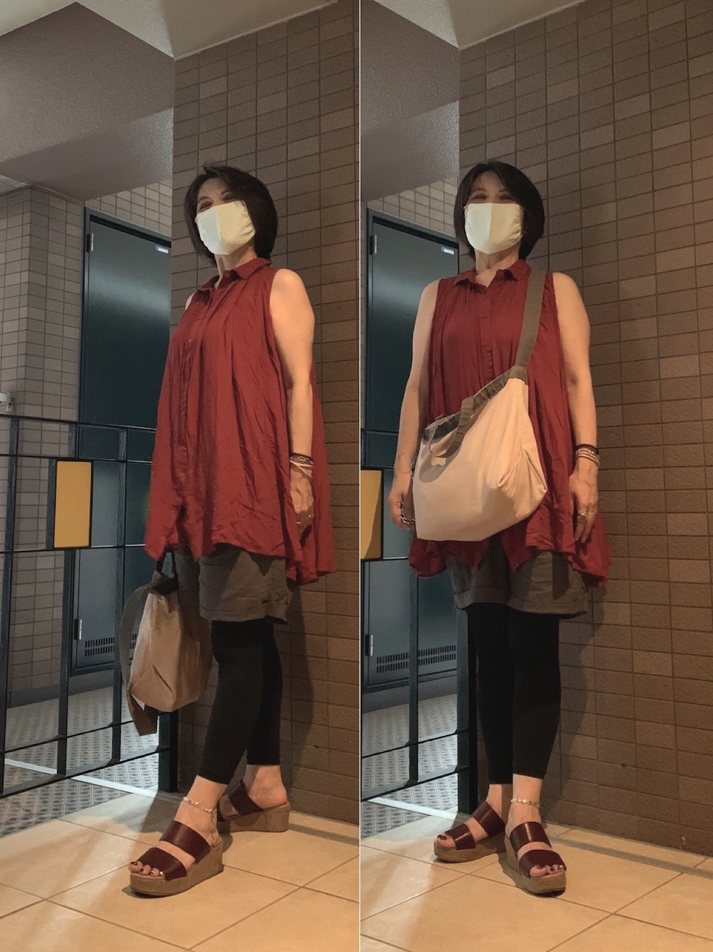 「今日のコーデ、ノースリーブ、お休みコーデ、家族でお出かけ、フットネイル更新」｜「AS KNOW AS PINKYのアイテム（シャツ/ブラウス、レッド系）」を使った、Megumi Hiroeさん（レディース・148cm）の夏コーディネートの1枚目の写真