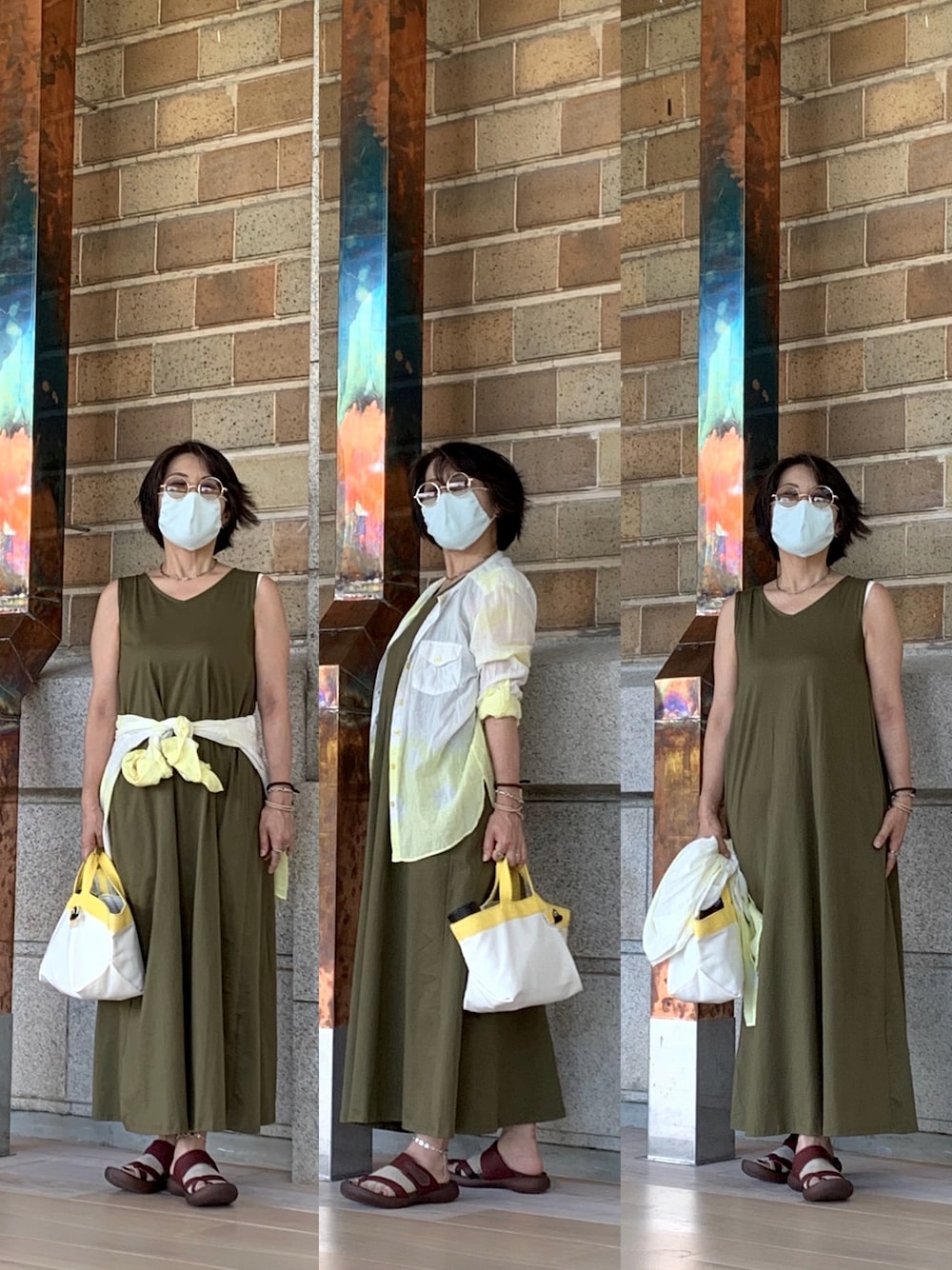 「お休みの日コーデ、京都市京セラ美術館、家族旅行、暑いね」｜「UNIQLOのマーセライズコットンAラインロングワンピース（ノースリーブ）（ワンピース、グリーン系）」を使った、Megumi Hiroeさん（レディース・148cm）の夏コーディネートの1枚目の写真