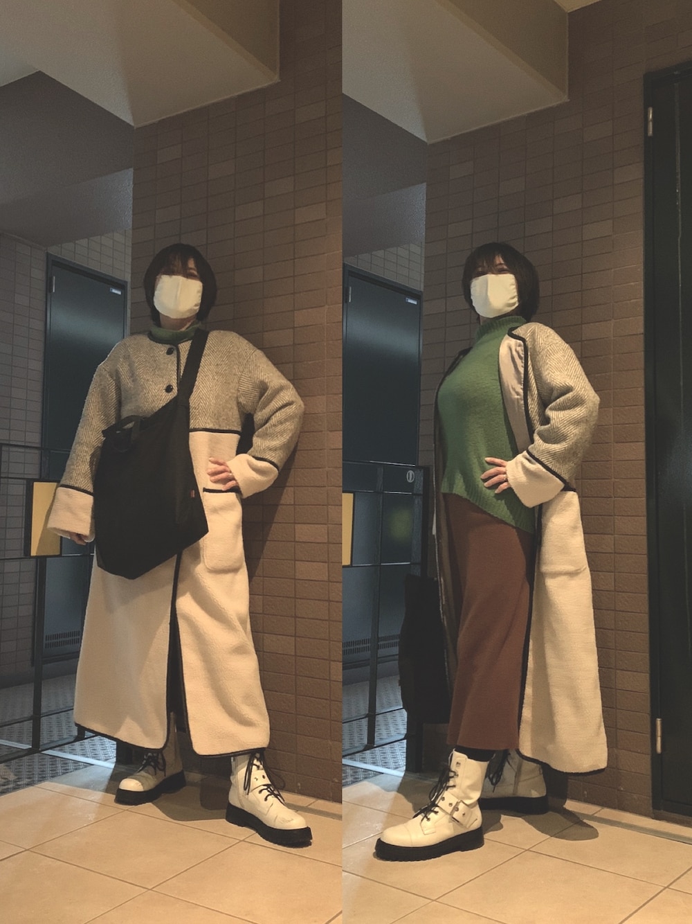 「パンツスタイル、カジュアル、通勤コーデ、朝より夜が寒い日」｜「haco!の華やぎも使いやすさもこれ１枚！ヘリンボーン柄とボアの異素材遣いコート（ノーカラーコート、グレー系）」を使った、Megumi Hiroeさん（レディース・148cm）の冬コーディネートの1枚目の写真