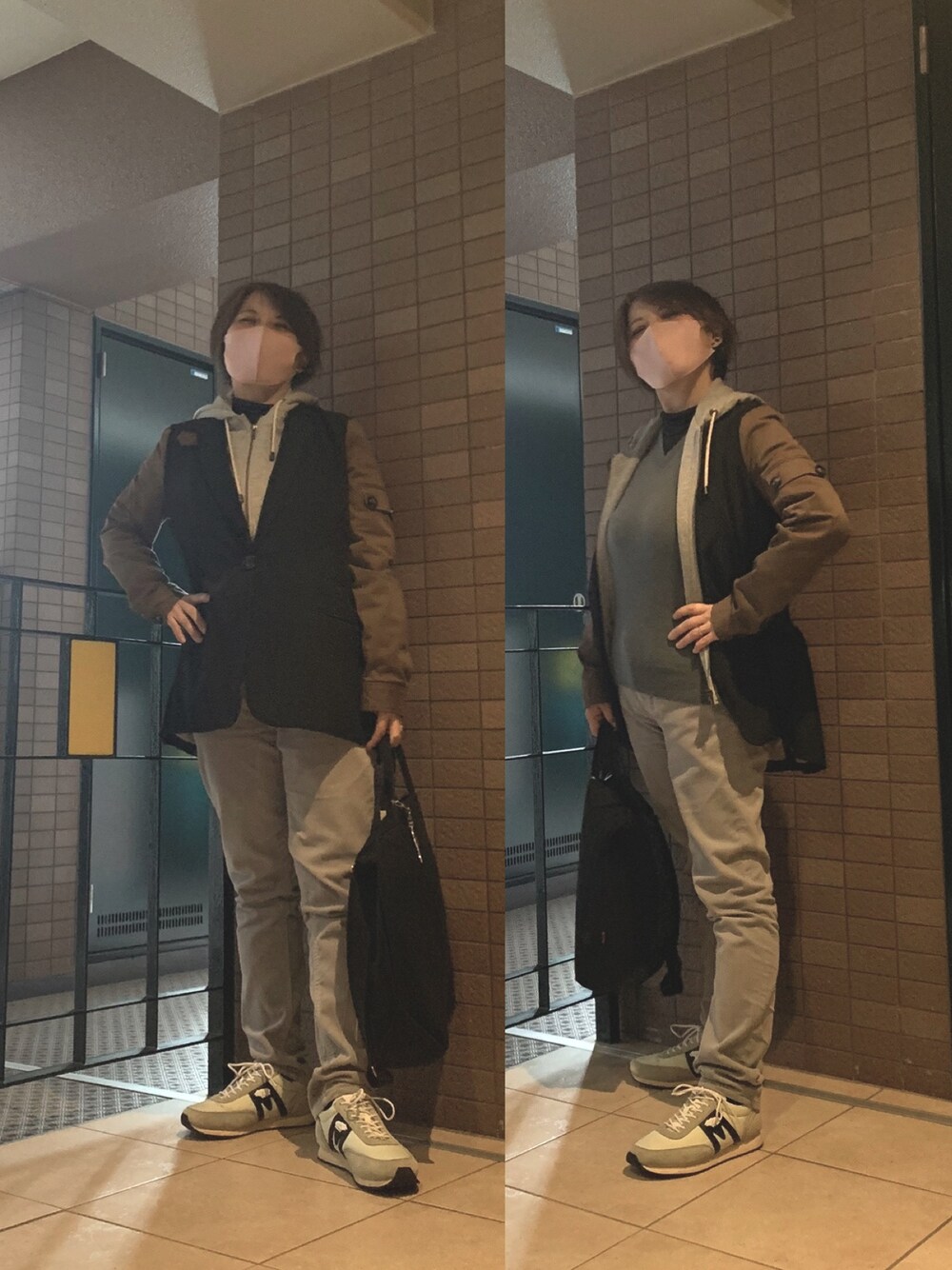 「パーカー、パーカー風？😁、通勤コーデ、あったかかった💦」｜「Pauline Bleuのアイテム（テーラードジャケット、ブラック系）」を使った、Megumi Hiroeさん（レディース・148cm）の春コーディネートの1枚目の写真