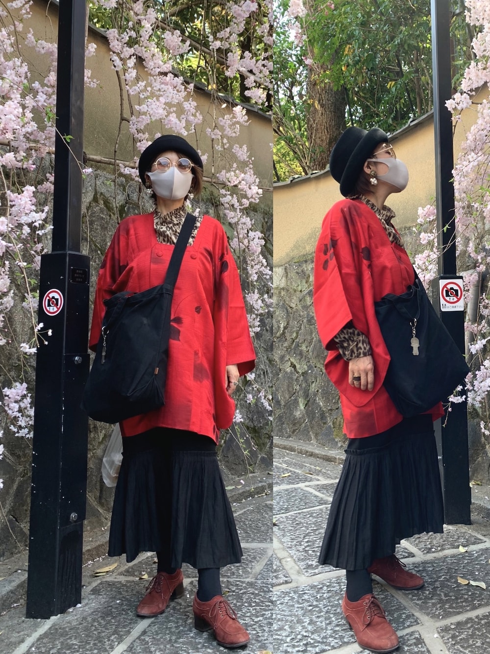 「休日スタイル、和洋ミックス、ムスメとお出かけ、春の京都、桜満開🌸」｜「Sense of GraceのPIERRE HAT（ハット、ブラック系）」を使った、Megumi Hiroeさん（レディース・148cm）の春コーディネートの1枚目の写真
