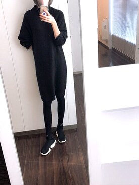 「GU（ジーユー）のアイテム（ワンピース、ブラック系）」を使った、yuhaさん（レディース・170cm）の冬コーディネート