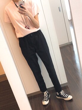 「GU（ジーユー）のアイテム（スラックス、ブラック系）」を使った、yuhaさん（レディース・170cm）の春コーディネート