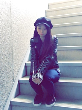 「BARAK（バラク）のアイテム（ライダースジャケット）」を使った、miyuuさん（レディース・151cm）の冬コーディネート