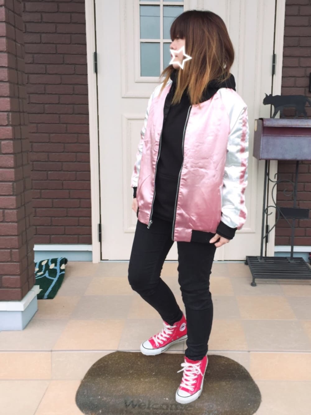 「オトナカジュアル、スカジャン、stussy、aiko、チビーズ✳︎、ピンク、リバーシブル、パーカー」｜「ZAFSI BLINGSのアイテム（ジャケット/アウター、ピンク系）」を使った、ゆきだるま☆さん（レディース・148cm）の冬コーディネートの1枚目の写真