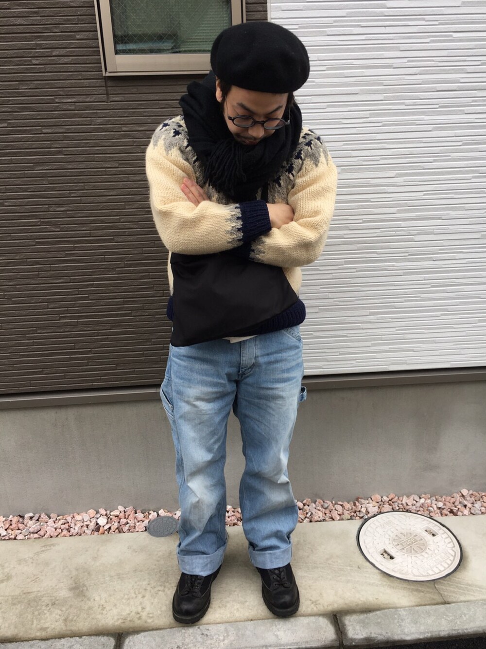 「丸メガネ、低身長、LEE、Danner」｜「Canadian Sweater Company Ltd.のアイテム（ニット/セーター、ベージュ系）」を使った、kentさん（メンズ・163cm）の冬コーディネートの1枚目の写真