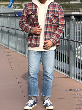 「MY THINKS（マイシンクス）のアイテム（トップス）」を使った、sさん（メンズ・178cm・20代）の春コーディネート