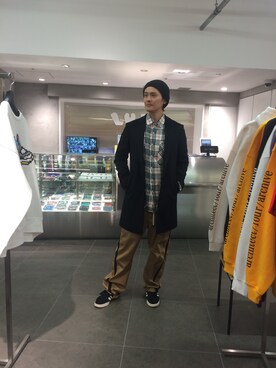 「DANKE SCHON（ダンケシェーン）のアイテム（チェスターコート）」を使った、SHINYA KASHIWAGIさん（メンズ・177cm）の秋コーディネート