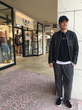 「L.H.P（エルエイチピー）のアイテム（ライダースジャケット）」を使った、SHINYA KASHIWAGIさん（メンズ・177cm）の冬コーディネート