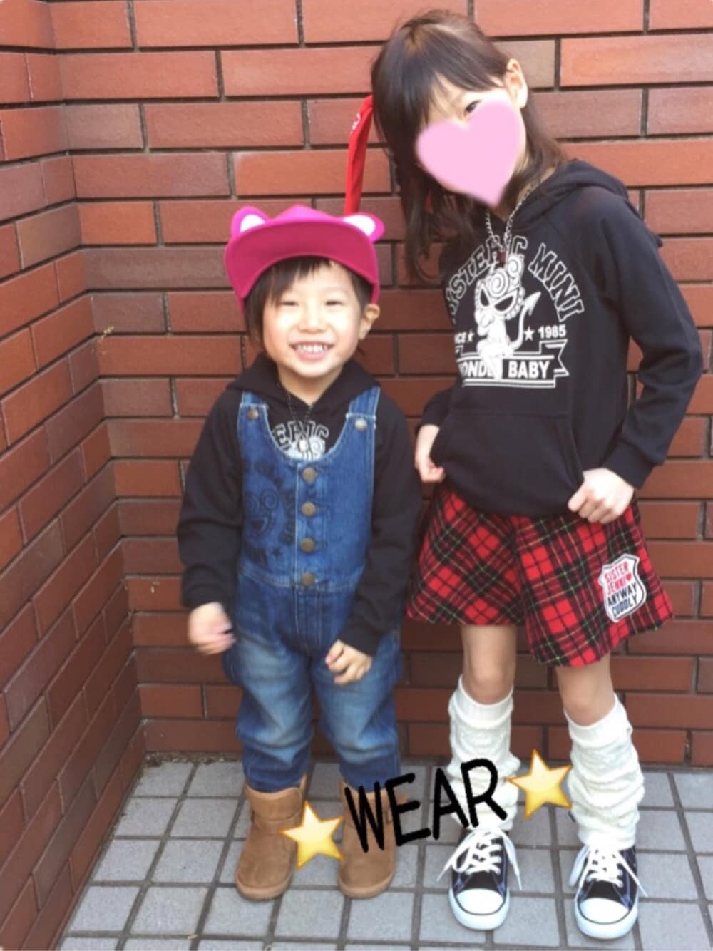 「オーバーオール、キャップ、くまみみ、姉弟」｜「わんこ🐶のアイテム（その他、その他）」を使った、kurukanaさん（キッズ・120cm）の冬コーディネートの1枚目の写真