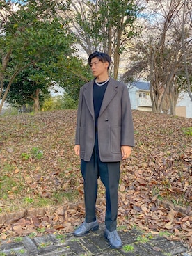 「OAMC（オーエーエムシー）のアイテム（シューズ、グレー系）」を使った、jikinjangさん（メンズ・177cm）の秋コーディネート