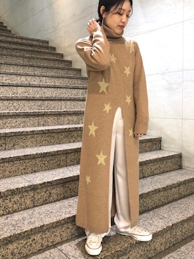 「CONVERSE TOKYO（コンバーストウキョウ）のラメニットワンピース（ワンピース、ベージュ系）」を使った、SANAさん（レディース・153cm）の冬コーディネート