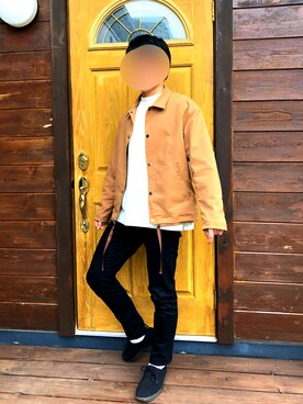 「LIDNM（リドム）のPEツイルコーチジャケット（Blouson、ベージュ系）」を使った、きぬっちさん（メンズ・170cm）の冬コーディネート