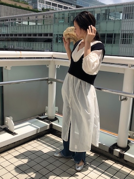 「ストローハット」｜「アイテム（シャツワンピース）」を使った、はたなおさん（レディース・158cm）の夏コーディネート