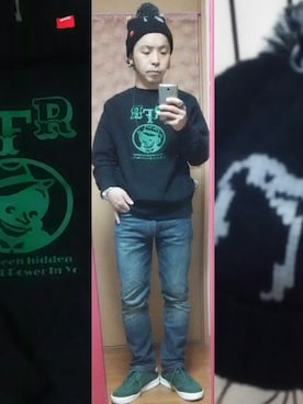 「CHUMS（チャムス）のアイテム（ニットキャップ/ビーニー）」を使った、okuさん（メンズ・158cm）の冬コーディネート