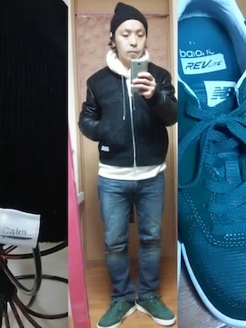 「NEWBALANCE」｜「アイテム（スタジャン）」を使った、okuさん（メンズ・158cm）の冬コーディネート