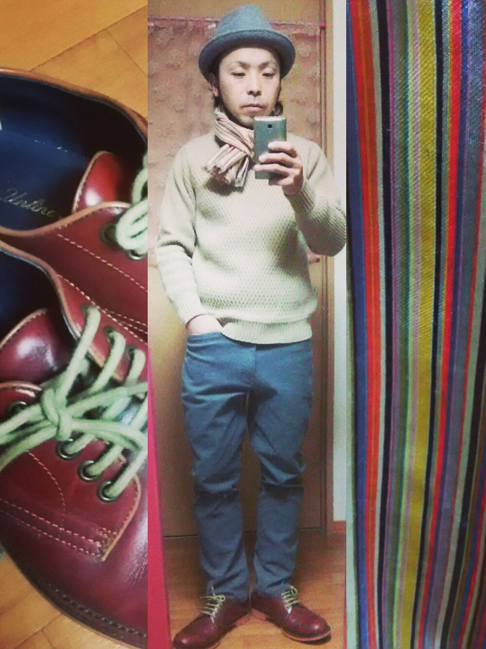 ブラウン系のブーティ、ベージュ系のニット/セーター、グレー系のチノパンツを着用したメンズの冬コーディネートの1枚目の写真