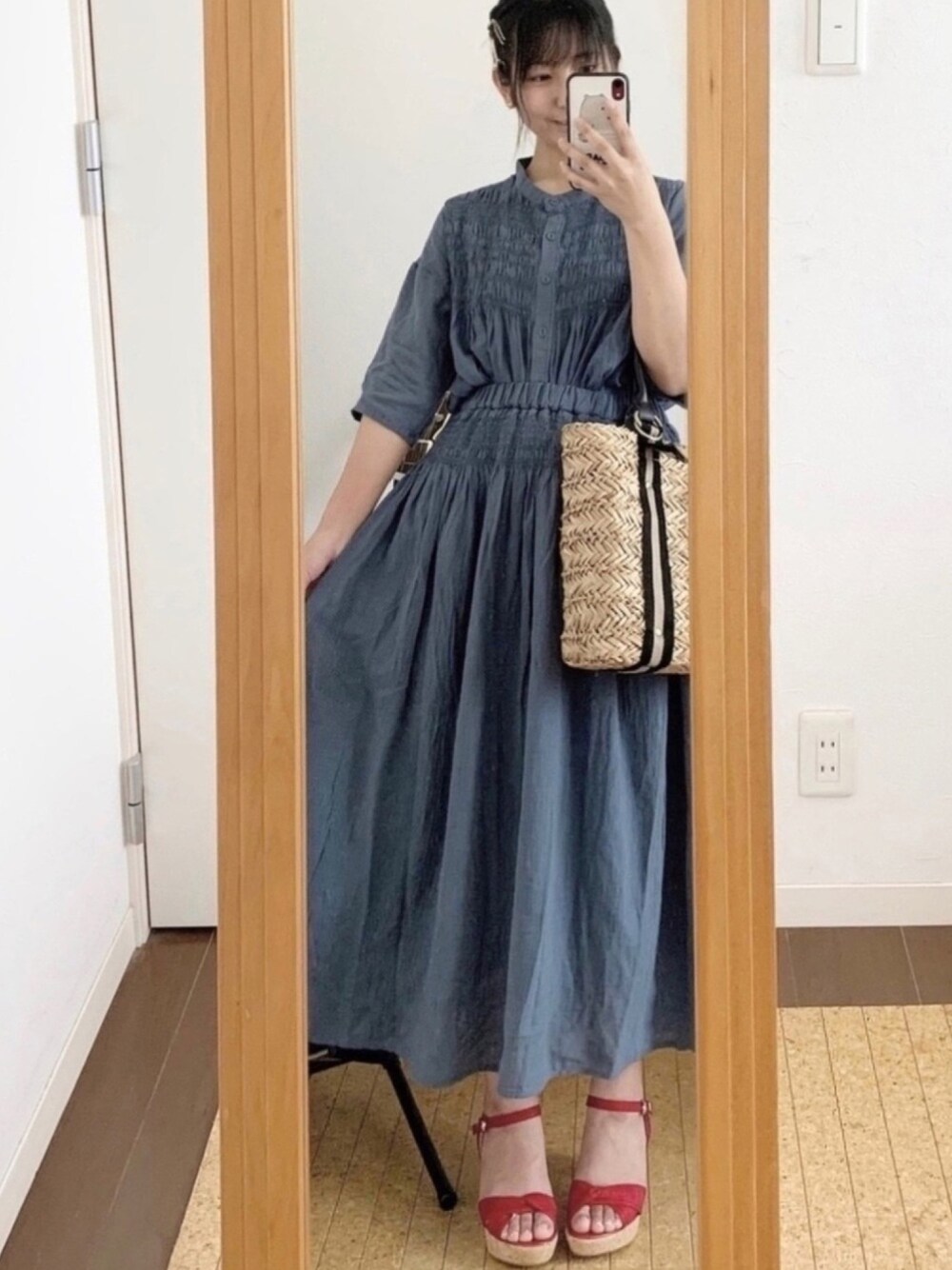 「セットアップ、春コーデ、はるコーデ、サンダル、Samansa Mos2、ORiental TRaffic(ORiental TRaffic)、niko and…、ナチュラル、AZUL by moussy、ゆるコーデ」｜「Samansa Mos2のシャーリングスカート（スカート、ブルー系）」を使った、やさい🥑さん（レディース・155cm）の春コーディネートの1枚目の写真