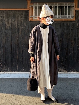 「14+（イチヨンプラス）のネパールケーブルワッチ（ニットキャップ/ビーニー）」を使った、machikoさん（レディース・155cm）の冬コーディネート