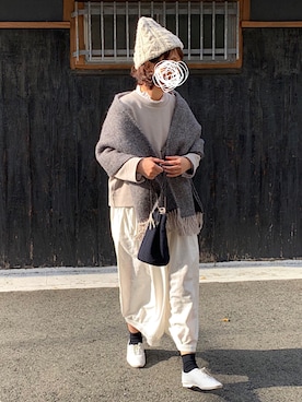 「14+（イチヨンプラス）のネパールケーブルワッチ（ニットキャップ/ビーニー）」を使った、machikoさん（レディース・155cm）の冬コーディネート