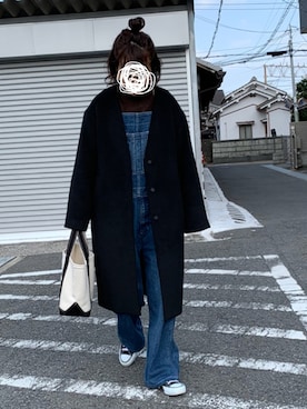 「LOWRYS FARM（ローリーズファーム）のアイテム（ノーカラーコート）」を使った、machikoさん（レディース・155cm）の冬コーディネート