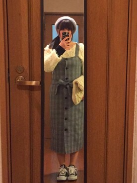 「サロペットスカート」｜「アイテム（MA-1）」を使った、greenさん（レディース・155cm）の冬コーディネート