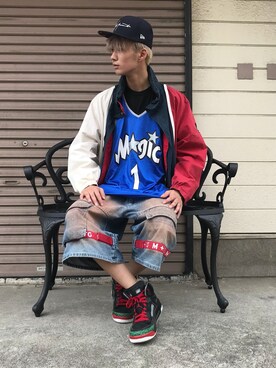 「NEWERA」｜「アイテム（ナイロンジャケット）」を使った、古着屋 O.WELLさん（メンズ・176cm）の夏コーディネート