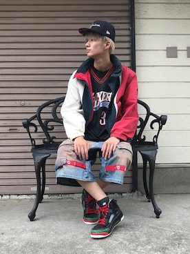 「NEWERA」｜「アイテム（ナイロンジャケット）」を使った、古着屋 O.WELLさん（メンズ・176cm）の夏コーディネート